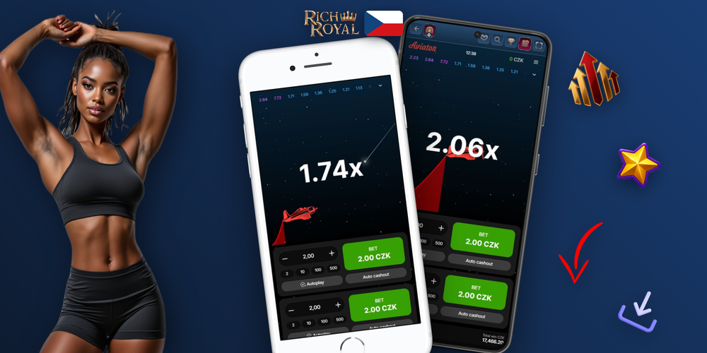 Herní rozhraní Aviator online v Rich Royal se sázkou a tlačítkem cashout