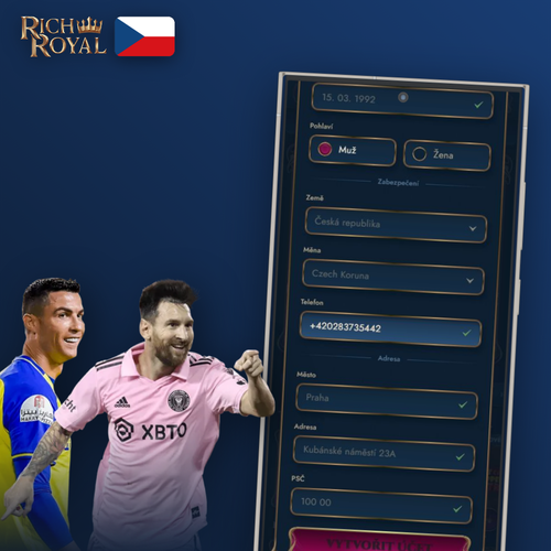 Rich Royal Casino registrace – přihlašovací formulář se zlatou korunou a tlačítkem Registrovat