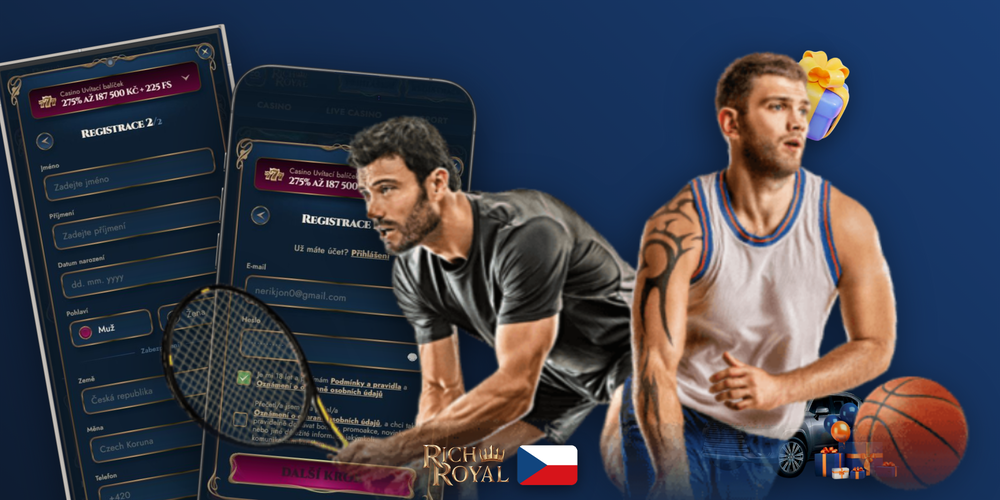 Infografika pěti kroků registrace v Rich Royal Casino od formuláře až po první vklad