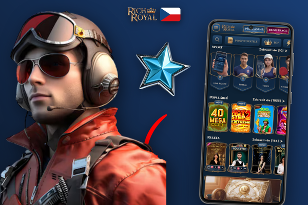 Rich Royal iOS app na iPhonu s dlaždicemi kasina a sportu v hlavním menu