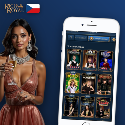 Mobilní aplikace Rich Royal na chytrém telefonu s herní nabídkou a ikonami Android a iOS