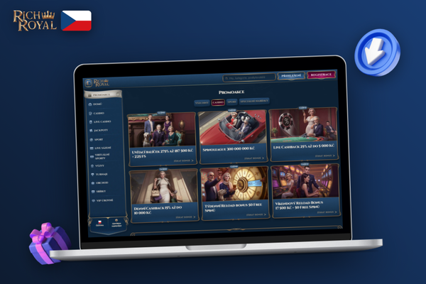 Hráč sleduje podmínky Rich Royal promo kódu na notebooku – odpovědná hra 18+
