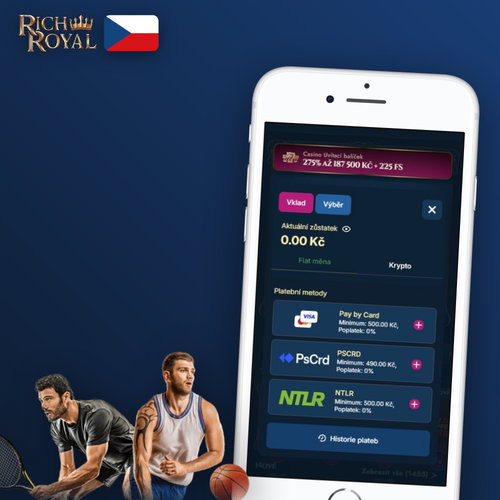 Rich Royal vklad od první koruny – ikony Visa, Mastercard, Skrill a Bitcoin kolem otevřené pokladny